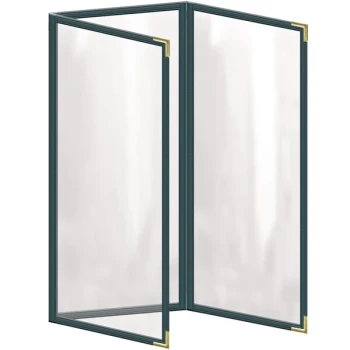 H. Risch, Inc. TET Deluxe Sewn 4 1/4" x 11" Green 6 View Foldout Vinyl Menu Cover With Gold Smooth Corners and Gloss Finish