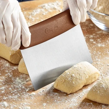 Choice 6 1/4" x 3" High Carbon Stainless Steel Dough Cutter / Bench Scraper with Brown Handle