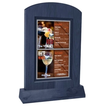 Menu Solutions WTARCH-A-2S 4" x 6" Denim Arched Wood Menu Tent with Angled Base