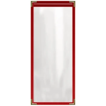 H. Risch, Inc. TES Deluxe Sewn 4 1/4" x 11" Red 2 View Vinyl Menu Cover with Gold Decorative Corners and Matte Finish