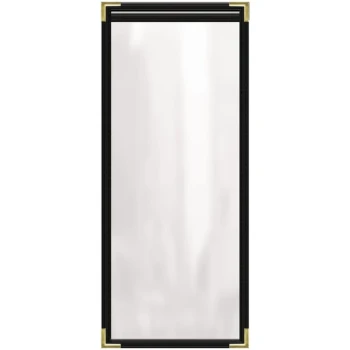 H. Risch, Inc. TES Deluxe Sewn 4 1/4" x 11" Black 2 View Vinyl Menu Cover with Gold Smooth Corners and Gloss Finish