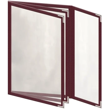 H. Risch, Inc. TETBQ Deluxe Sewn 5 1/2" x 8 1/2" Maroon 8 View Vinyl Menu Cover with Silver Smooth Corners and Gloss Finish
