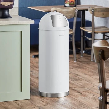 Lancaster Table & Seating 15 Gallon White Powder-Coated Metal Round Decorative Trash Can with Push Door Lid