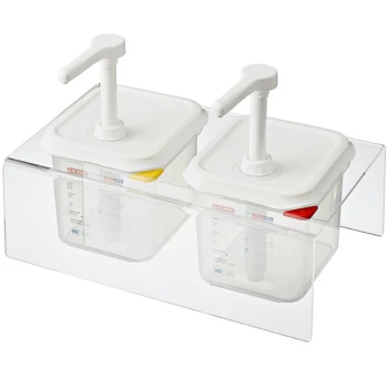 Araven 01361 5.4 Qt. Translucent Condiment Pump Dispenser and Clear Holder with (2) 1 oz. Pumps and Airtight Lids