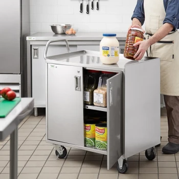 Regency 21" x 33" Three Shelf 18-Gauge 304 Stainless Steel Utility Cart with Enclosed Base and Locking Doors