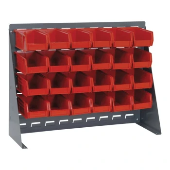 Quantum 27 3/4" x 8" x 21" Gray Steel Bench Rack with (24) 7 3/8" x 4 1/8" x 3" Red Bins QBR-2721-220-24RD