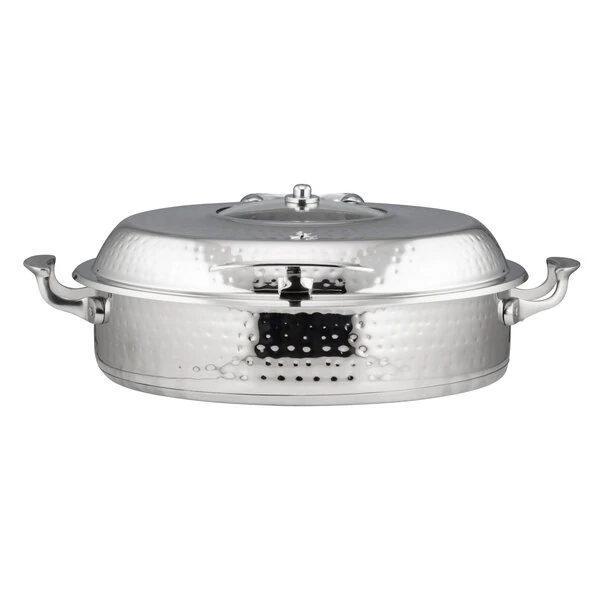 Bon Chef 60030HFSHL Cucina 6 Qt. Stainless Steel Induction Hammered Brazier Pan with Slow Down Hinged Glass Cover