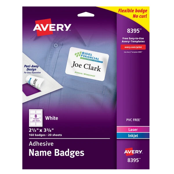 Avery® 08395 2 1/3" x 3 3/8" Matte White Removable Flexible Adhesive Printable Name Badge Label - 160/Pack