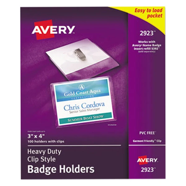 Avery® 2923 4" x 3" Clear Horizontal Top Clip-Style Badge Holders - 100/Pack