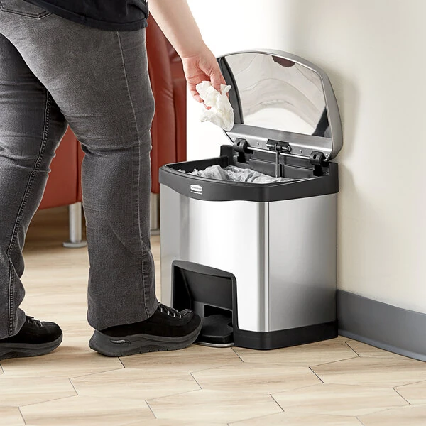 Rubbermaid® 1901982 Slim Jim Stainless Steel Black Accent Rectangular Front Step-On Trash Can with Single Rigid Plastic Liner - 16 Qt. / 4 Gallon