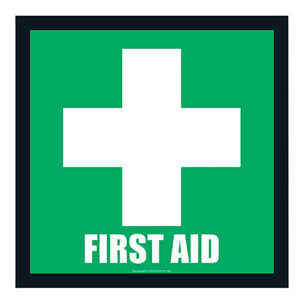 Superior Mark 17 1/2" x 17 1/2" Green / White Vinyl "First Aid" Safety Floor Sign