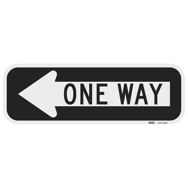 Lavex "One Way" Left Arrow Diamond Grade Reflective Black Aluminum Sign - 18" x 6"
