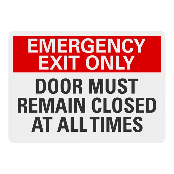 Lavex 14" x 10" White Engineer-Grade Reflective Adhesive Vinyl "Emergency Exit Only / Door Must Remain Closed At All Times" Label