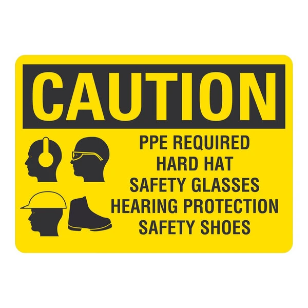 Lavex 10" x 7" Non-Reflective Aluminum "Caution / PPE Required / Hard Hat / Safety Glasses / Hearing Protection / Safety Shoes" Safety Sign