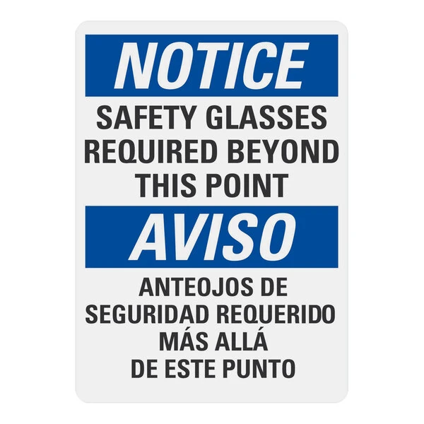 Lavex 14" x 10" Non-Reflective Plastic "Notice / Safety Glasses Required Beyond This Point / Aviso / Anteojos De Seguridad Requerido Mas Alla De Este Punto" Bilingual Safety Sign