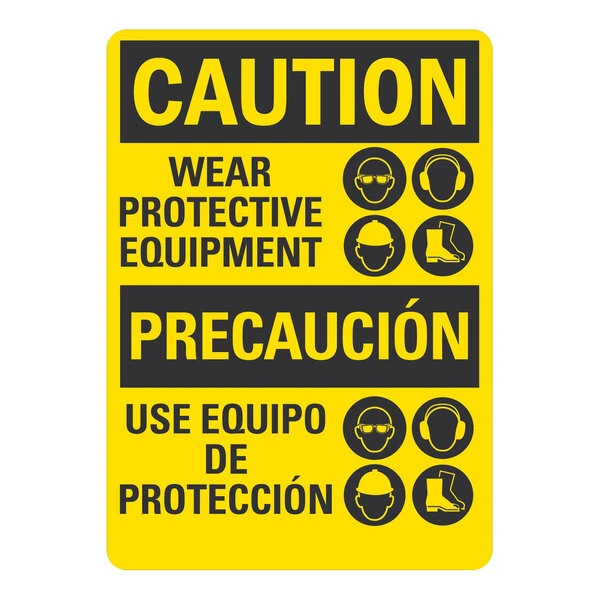 Lavex 14" x 10" Non-Reflective Plastic "Caution / Wear Protective Equipment / Precaucion / Use Equipo De Proteccion" Bilingual Safety Sign With Symbols