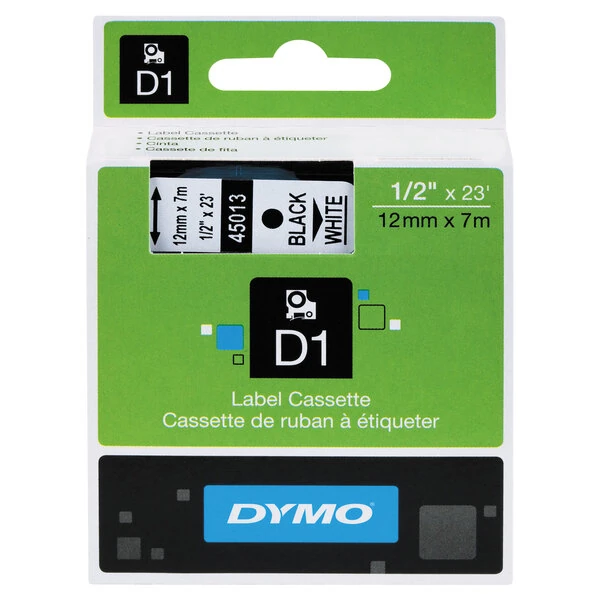DYMO 45013 D1 1/2" x 23' Black on White High-Performance Polyester Removable Label Tape
