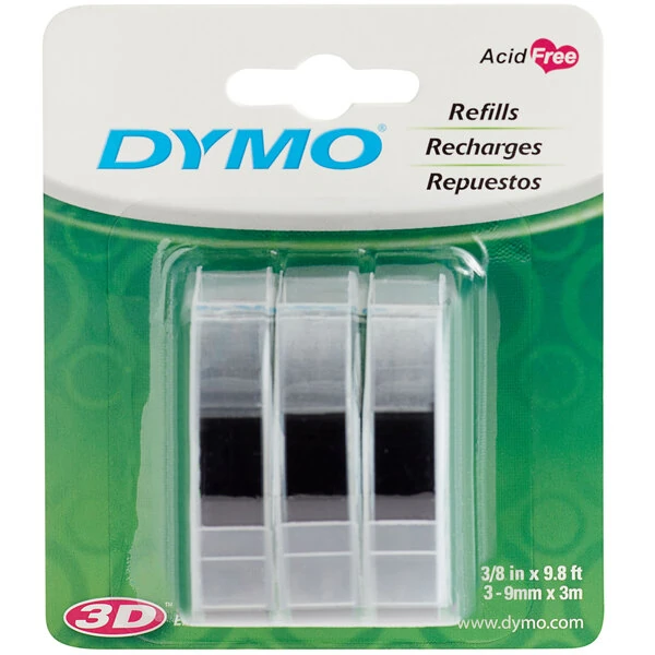 DYMO 1741670 3/8" x 9 13/16' Black Glossy Embosser Label Tape - 3/Pack