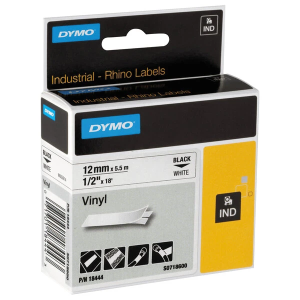 DYMO 18444 Rhino 1/2" x 18' Black on White Industrial Vinyl Permanent Label Tape
