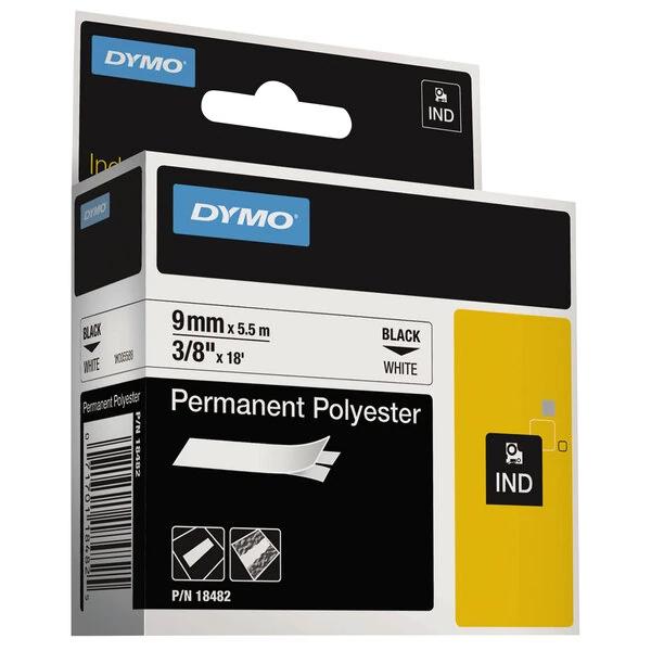 DYMO 18482 Rhino 3/8" x 18' Black on White Industrial Polyester Permanent Label Tape