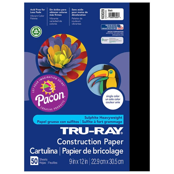 Pacon 103029 Tru-Ray 9" x 12" Black Pack of 76 lb. Construction Paper - 50 Sheets