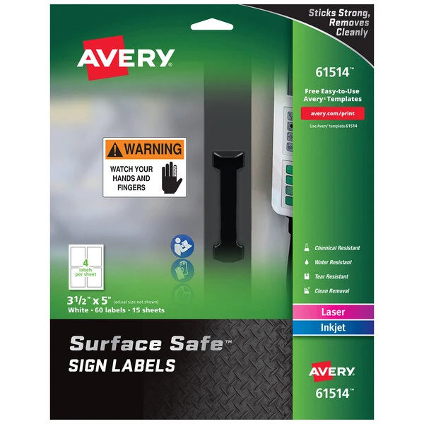 Avery® 61514 Surface Safe 3 1/2" x 5" Rectangle Water and Chemical Resistant Sign Labels - 60/Pack