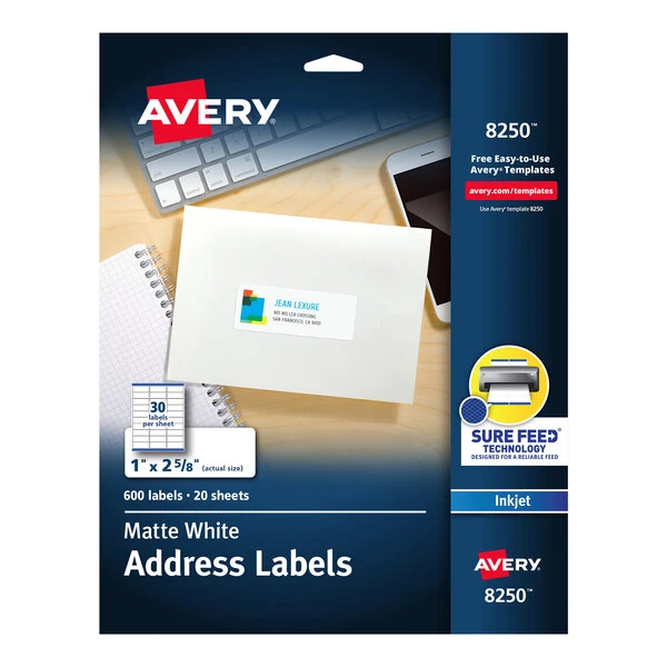 Avery® 08250 1" x 2 5/8" Matte White Rectangle Color Printing Labels - 600/Pack