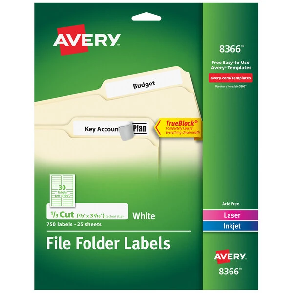Avery® 08366 TrueBlock 2/3" x 3 7/16" Matte White Permanent Printable File Folder Label - 750/Pack
