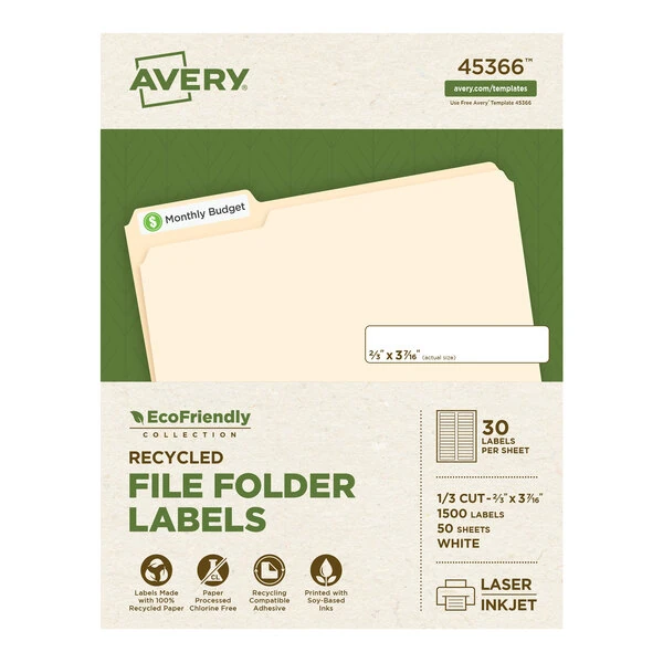 Avery® 45366 EcoFriendly 2/3" x 3 7/16" White 1/3 Cut Top Tab File Folder Labels - 1,500/Box