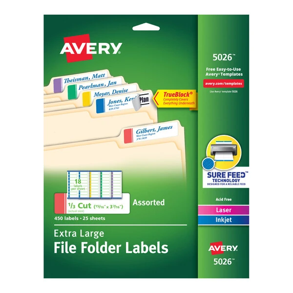 Avery® 5026 15/16" x 3 7/16" Assorted Color X-Large Top Tab 1/3 Cut File Folder Labels - 450/Pack