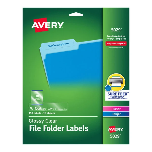 Avery® 5029 2/3" x 3 7/16" Clear Top Tab 1/3 Cut File Folder Labels - 450/Pack