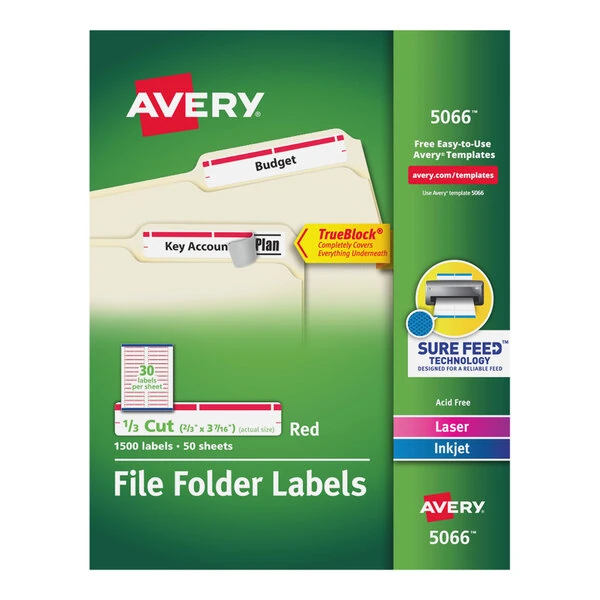Avery® 5066 2/3" x 3 7/16" White Top Tab 1/3 Cut File Folder Labels with Red Borders - 1,500/Box