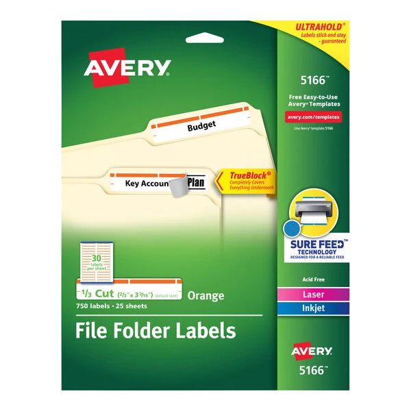 Avery® 5166 TrueBlock 2/3" x 3 7/16" Orange File Folder Labels - 750/Pack