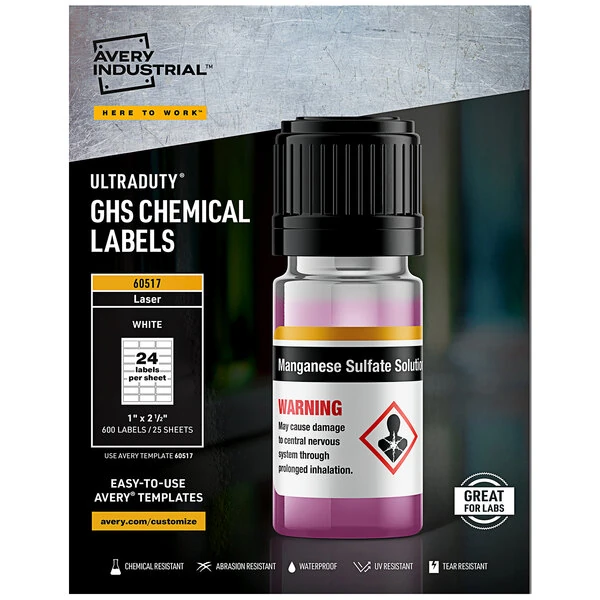Avery® 60517 UltraDuty 1" x 2 1/2" GHS Chemical Labels for Laser Printers - 600/Pack
