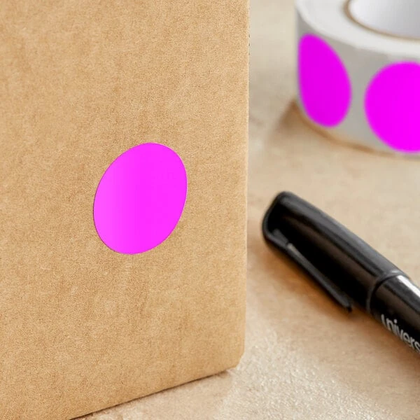 Lavex 1" Fluorescent Pink Semi-Gloss Paper Permanent Round Inventory Label - 500/Roll