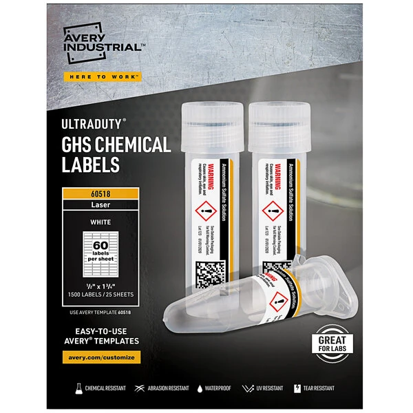 Avery® 60518 UltraDuty 1/2" x 1 3/4" GHS Chemical Labels for Laser Printers - 1,500/Pack