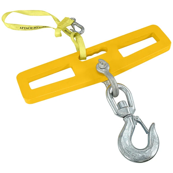 Vestil 5" x 25" x 20 1/2" Yellow Steel Swivel Fork Truck Hook Plate with Latch LM-HP10-SL - 10,000 lb. Capacity