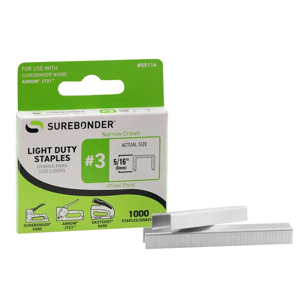 Surebonder 5/16" #3 Light-Duty Narrow Crown Staples 1,000-Count 55116 - 50/Case
