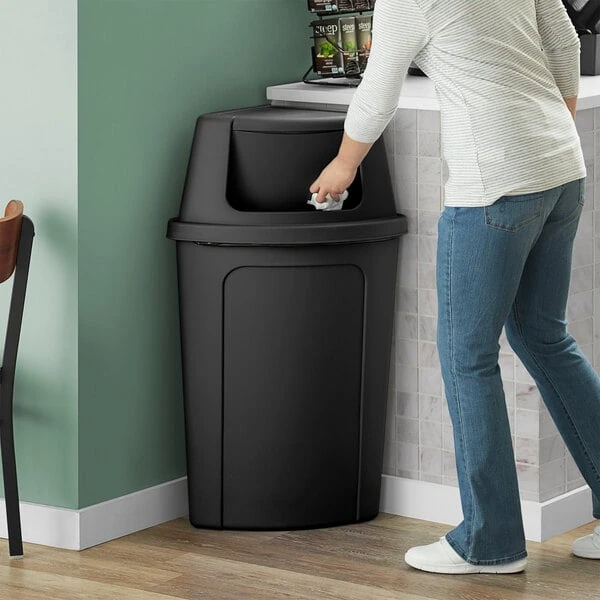 Lavex 21 Gallon Black Corner Round Trash Can with Black Push Door Lid