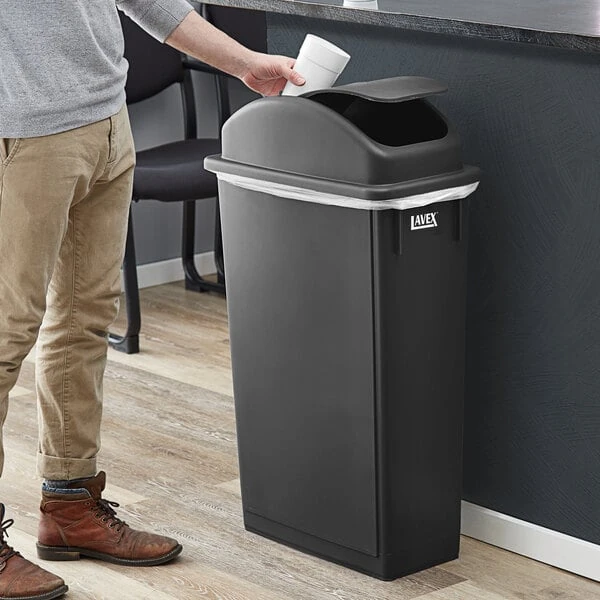 Lavex 23 Gallon Black Slim Rectangular Trash Can with Swing Dome Lid