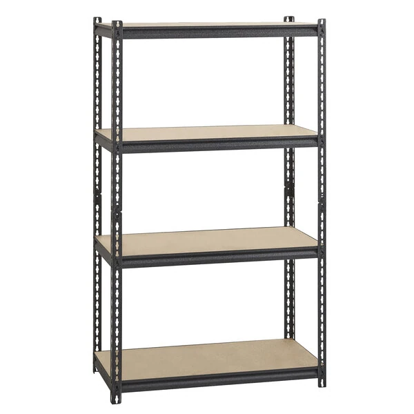Hirsh 20991 36" x 18" x 60" Black Crinkle Heavy-Duty Four-Shelf Boltless Shelving Unit with Particleboard Decking