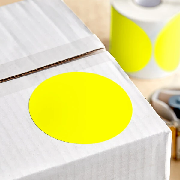 Lavex 4" Bright Yellow Semi-Gloss Paper Permanent Round Inventory Label - 500/Roll