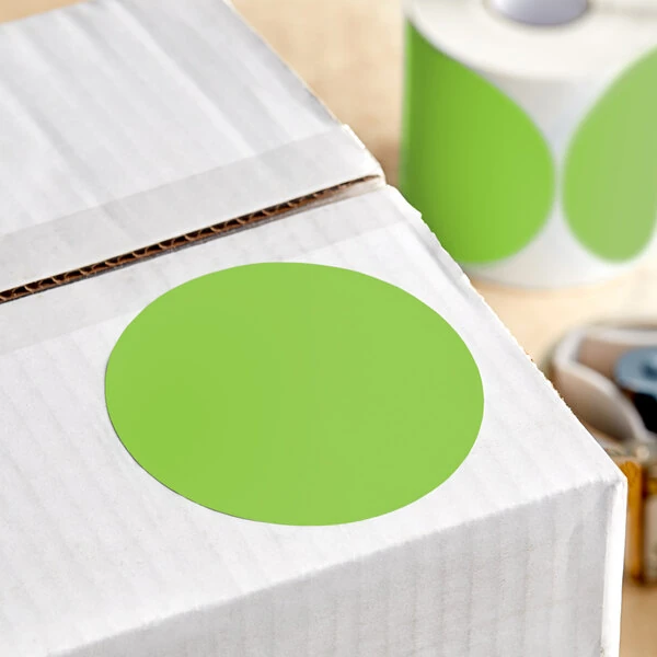 Lavex 4" Fluorescent Green Semi-Gloss Paper Permanent Round Inventory Label - 500/Roll