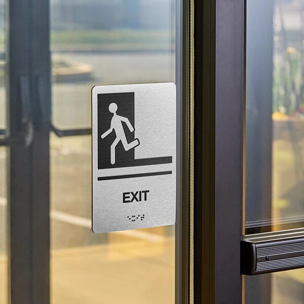 Lavex 9" x 6" Black / Silver Aluminum Composite Material Exit Sign with Braille