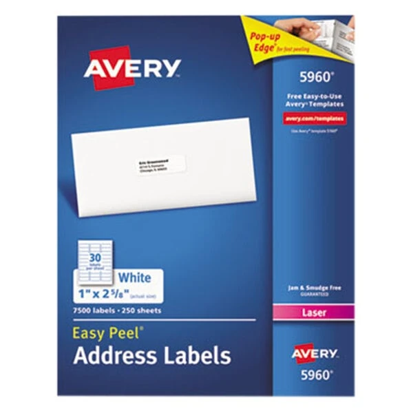 Avery® 5960 1" x 2 5/8" Easy Peel White Mailing Address Labels - 7,500/Box