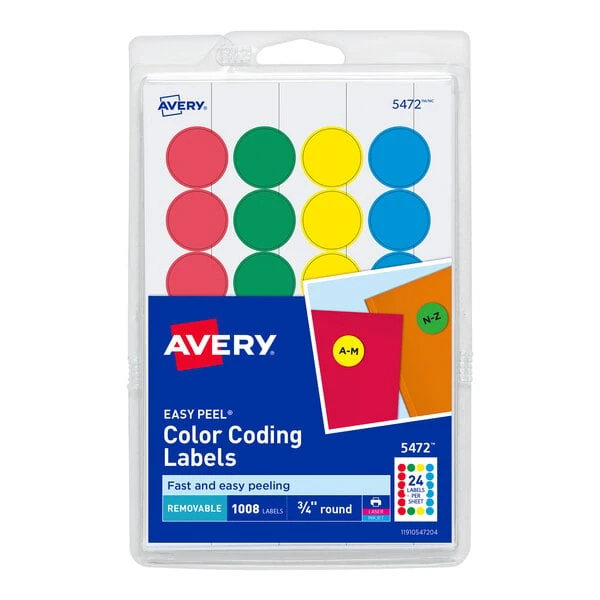 Avery® 5472 3/4" Assorted Colors Round Removable Write-On / Printable Labels - 1,008/Pack