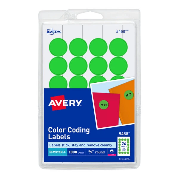 Avery® 5468 3/4" Neon Green Round Removable Write-On / Printable Labels - 1,008/Pack