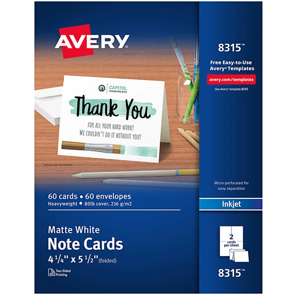 Avery® 08315 4 1/4" x 5 1/2" Printable Matte White Two-Sided Note Card with Envelope - 60/Box