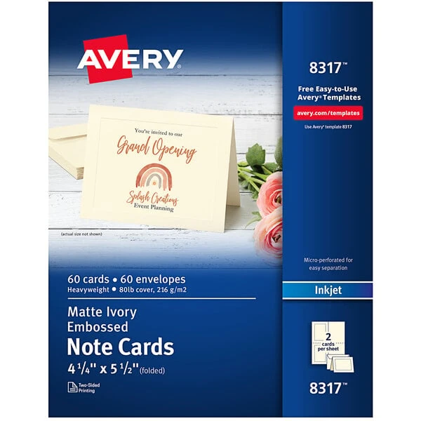 Avery® 08317 4 1/4" x 5 1/2" Printable Matte Ivory Two-Sided Note Card with Envelope - 60/Box