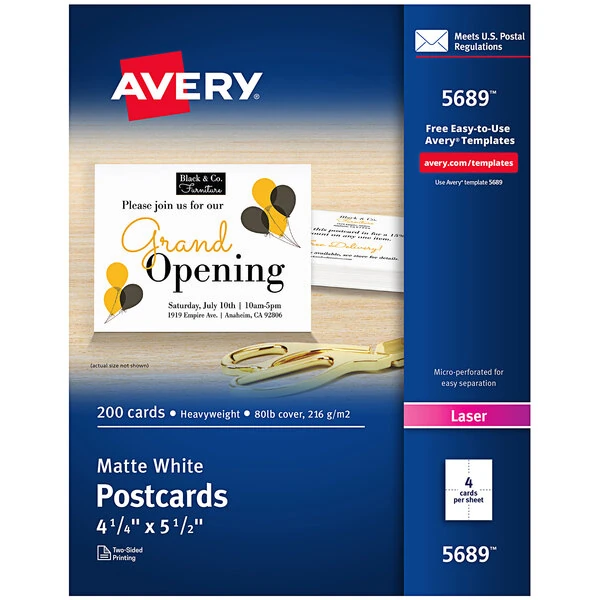 Avery® 5689 4 1/4" x 5 1/2" White Printable Postcards - 200/Box